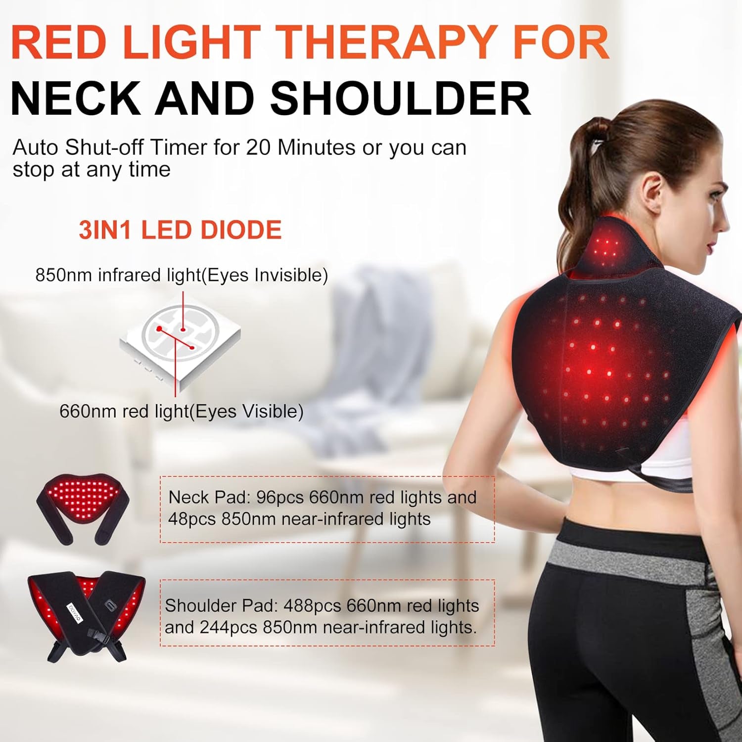 Red Light Therapy for Neck and Shoulder Pain Relief 850Nm near Infrared Therapy Set Wearable Wrap Devices for Upper Back Neck Shoulders Body Muscle Relax Home Use Treatment Pad FDA Cleared